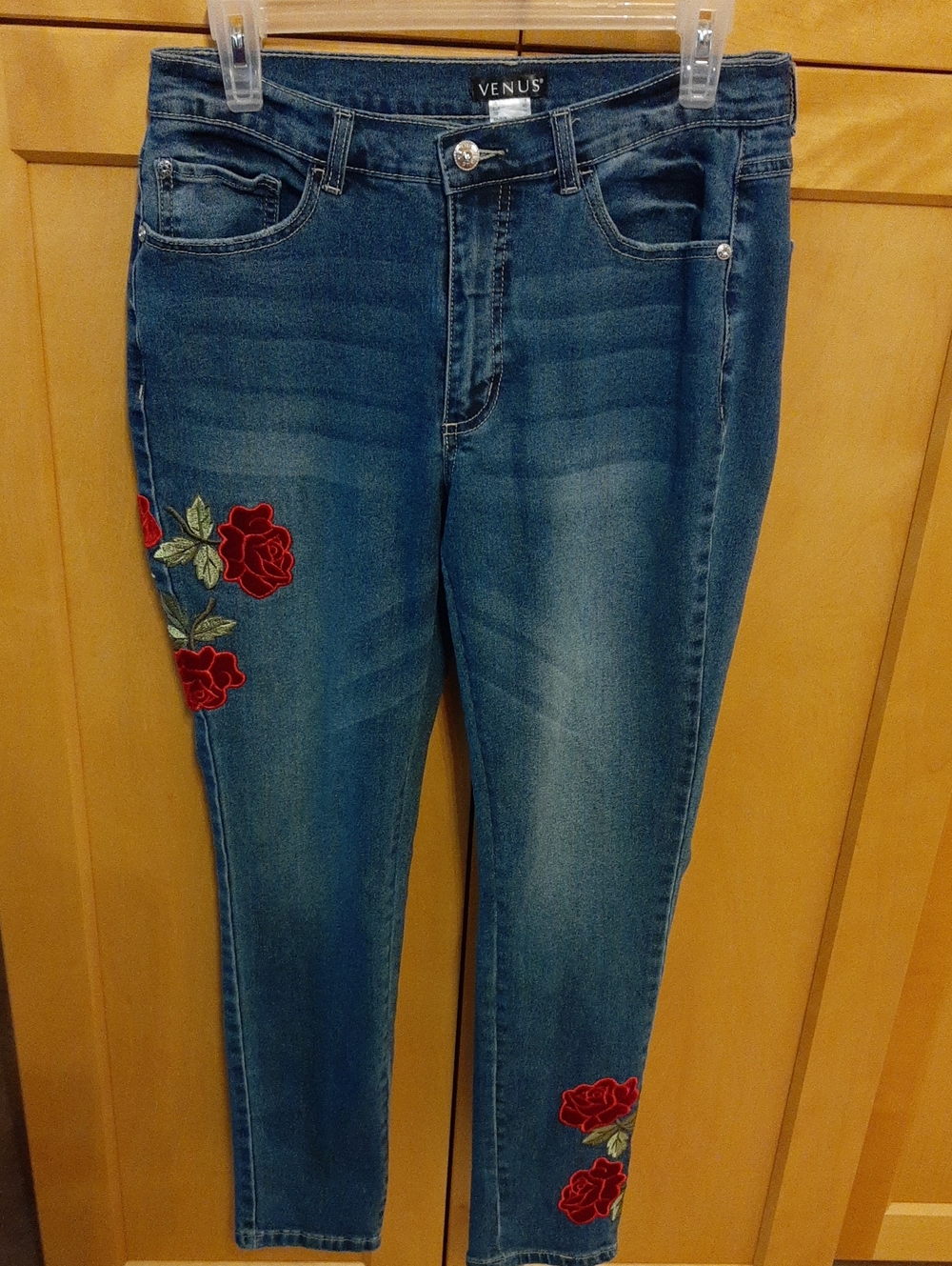 VENUS Dark Blue Skinny Jeans with Red Rose Embroidery